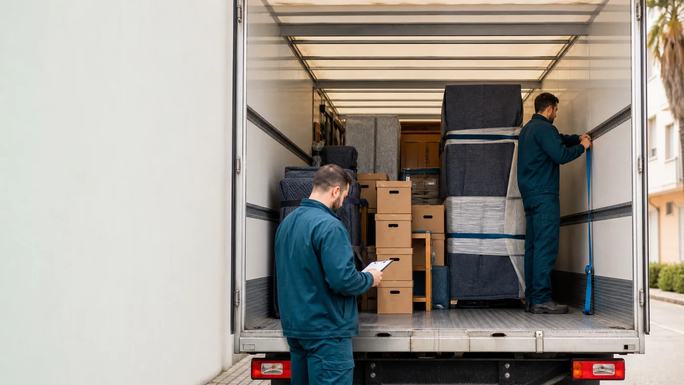 Equipo verificando una carga estable para una mudanza en Málaga
