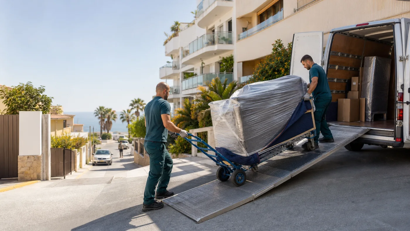 Mudanza en una calle con pendiente de Torremolinos usando rampa y carro profesional